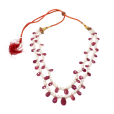 Adjustable Necklace Strand 2 Line Natural Ruby Manik Bead Gem Stone & Freshwater Pearl Women Gift E789